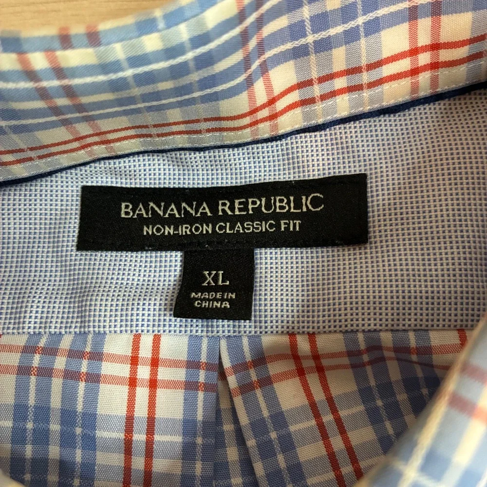 Banana Republic Mens XL Non-Iron Classic Fit Plaid Button Down Shirt Blue Orange